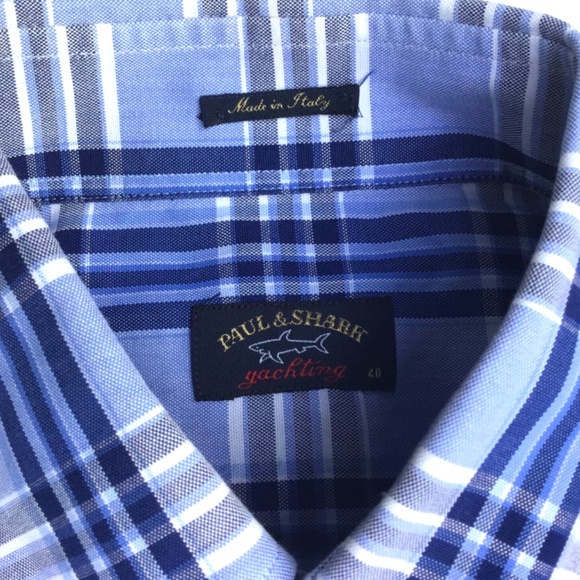 Paul & Shark Yachting blue  checkered cotton shirt Sz 40 made in Italy 🇮🇹 - Picture 2 of 11